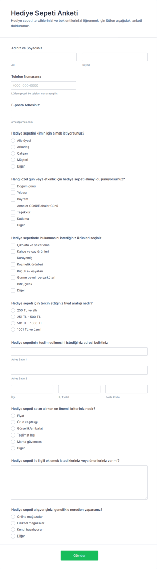 Hediye Sepeti Anketi Form Şablonu