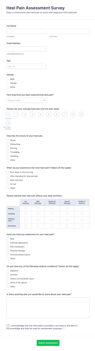 Heel Pain Assessment Survey Form Template