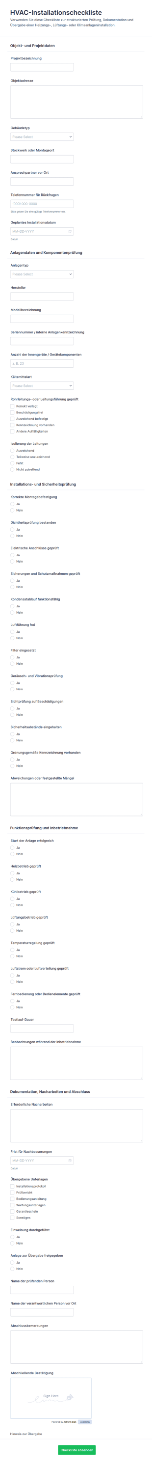 Heizungsanlage Installations Checkliste