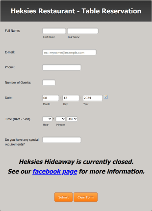 Heksies Restaurant Reservation Form Template