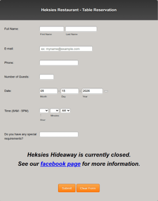 Heksies Restaurant Reservation Form Template