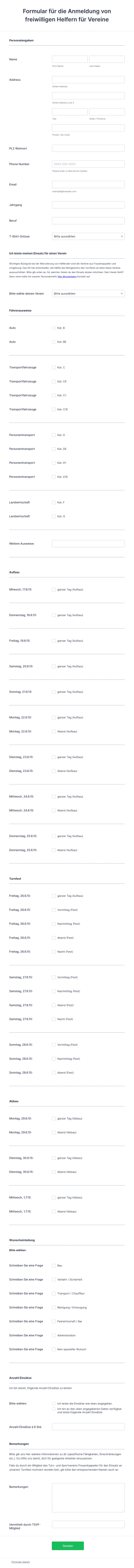 Formular Für Die Anmeldung Von Freiwilligen Helfern Für Vereine Form Template