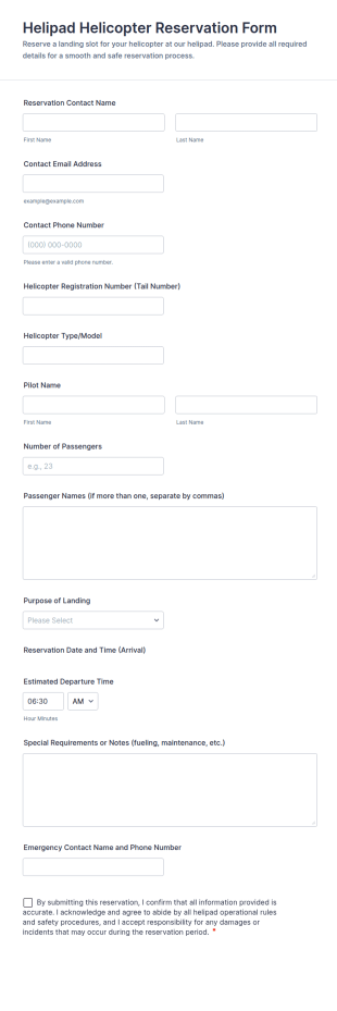 Helipad Helicopter Reservation Form Template