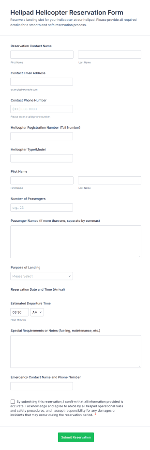 Helipad Helicopter Reservation Form Template