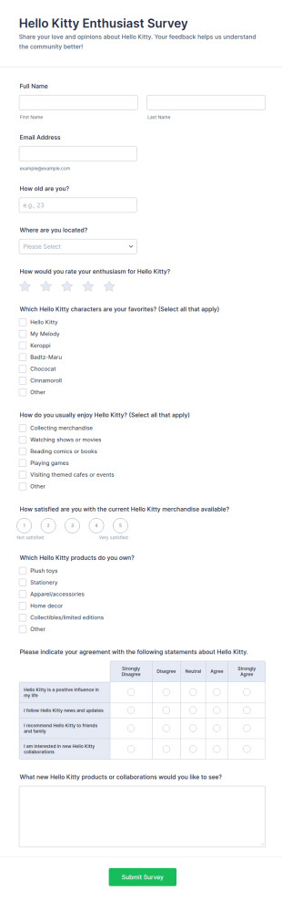 Hello Kitty Enthusiast Survey Form Template