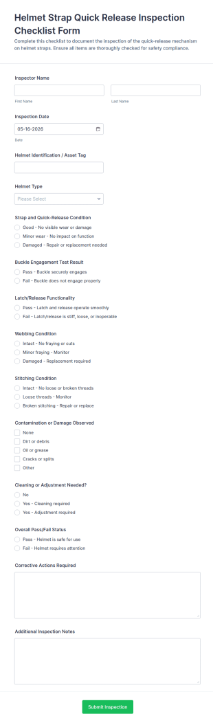 Helmet Strap Quick Release Inspection Checklist Form Template