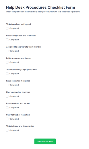 Help Desk Procedures Checklist Form Template