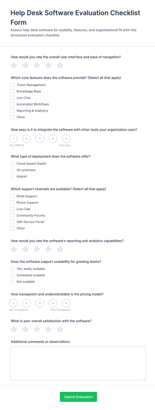 Help Desk Software Evaluation Checklist Form Template