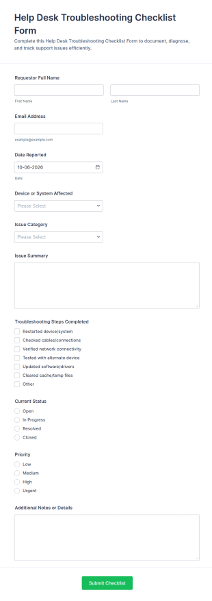 Help Desk Troubleshooting Checklist Form Template