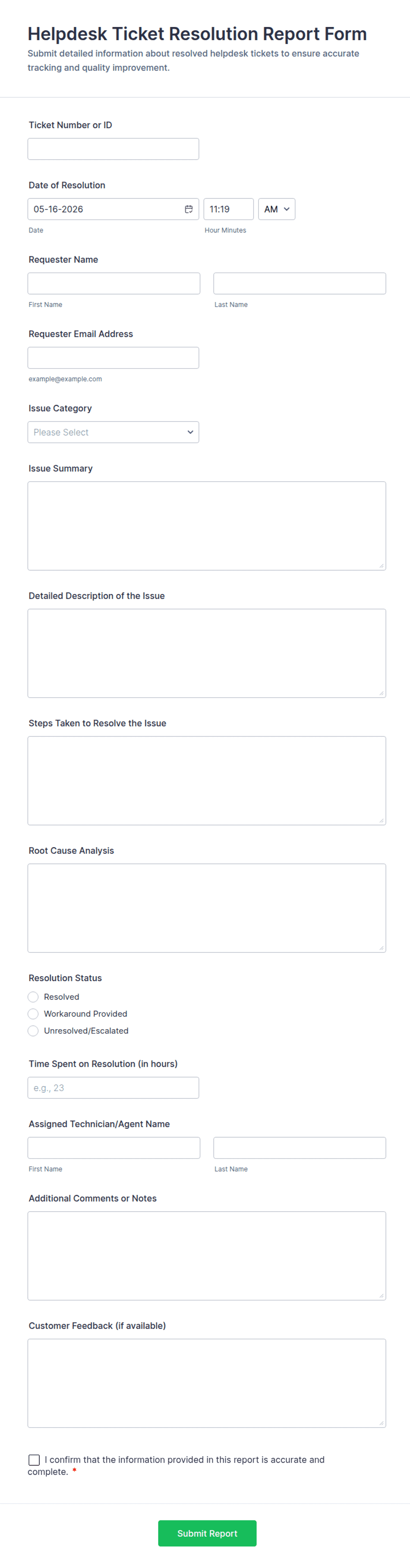 Helpdesk Ticket Resolution Report Form Template | Jotform