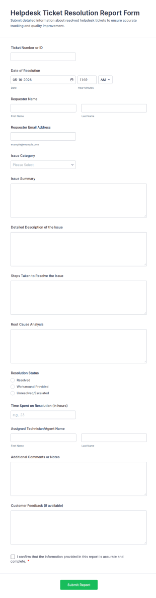 Helpdesk Ticket Resolution Report Form Template