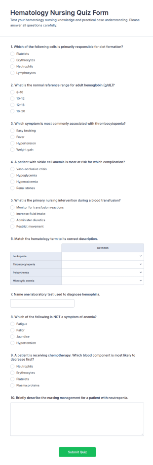 Hematology Nursing Quiz Form Template