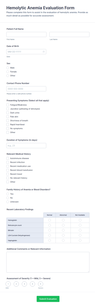 Hemolytic Anemia Evaluation Form Template