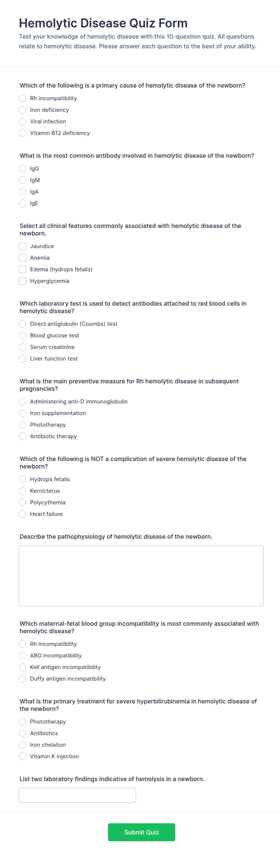 Hemolytic Disease Quiz Form Template | Jotform
