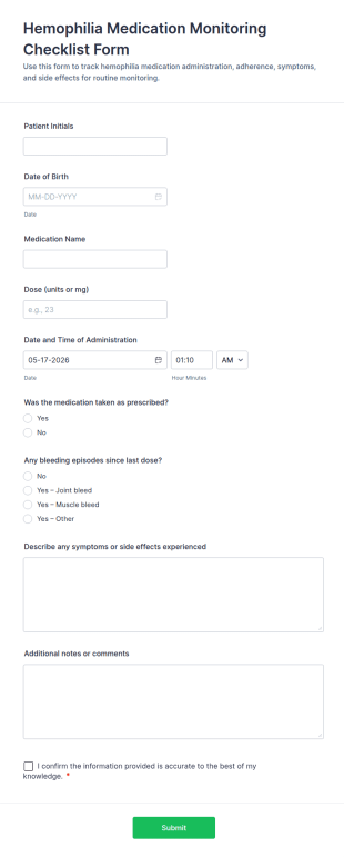 Hemophilia Medication Monitoring Checklist Form Template