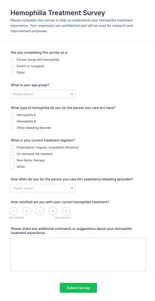 Hemophilia Treatment Survey Form Template