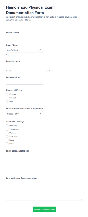 Hemorrhoid Physical Exam Documentation Form Template