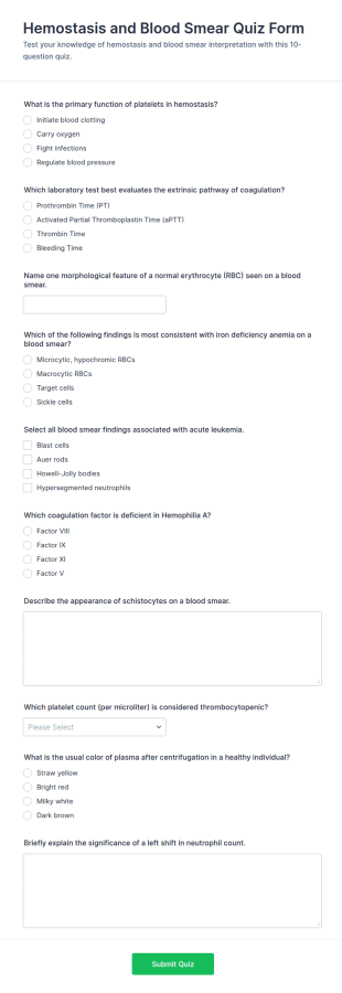 Hemostasis And Blood Smear Quiz Form Template