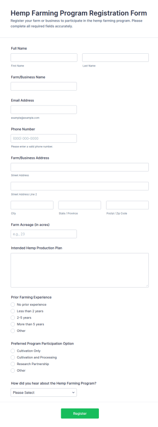 Hemp Farming Program Registration Form Template