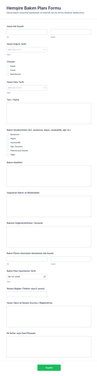 Hemşire Bakım Planı Form Şablonu