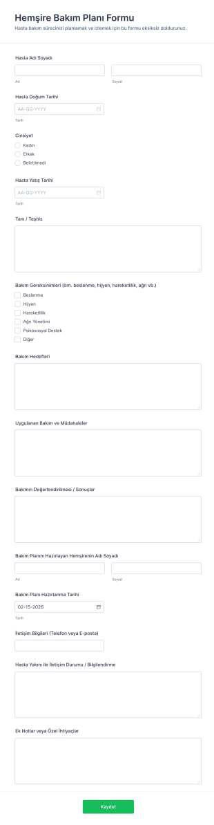Hemşire Bakım Planı Form Şablonu