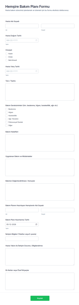 Hemşire Bakım Planı Form Şablonu