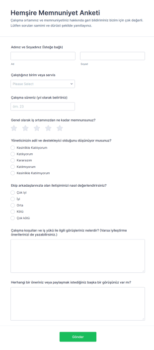 Hemşire Memnuniyet Anketi Form Template