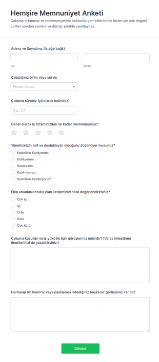 Hemşire Memnuniyet Anketi Form Şablonu