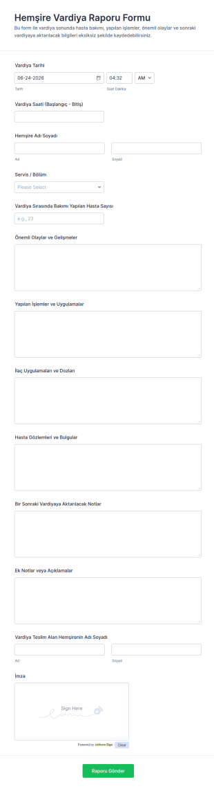 Hemşire Vardiya Raporu Form Şablonu