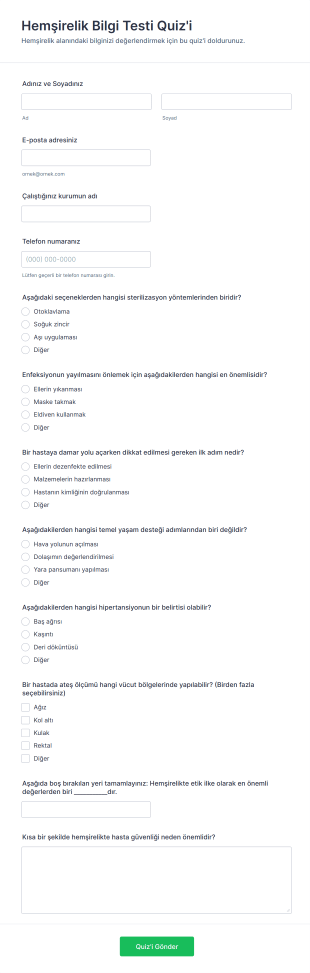 Hemşirelik Bilgi Testi Quiz'i Form Şablonu