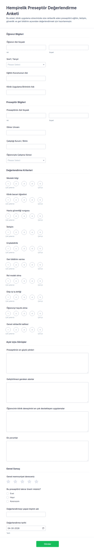 Hemşirelik Denetmen Değerlendirme Anketi Form Şablonu