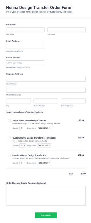 Henna Design Transfer Order Form Template