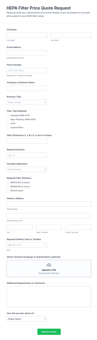 HEPA Filter Price Quote Request Form Template