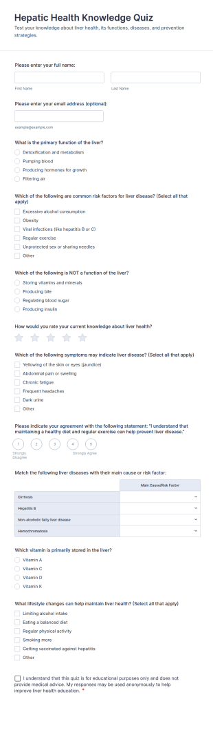 Hepatic Health Knowledge Quiz Form Template