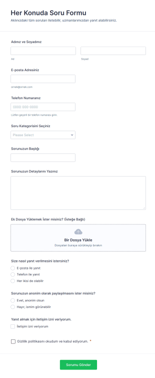 Her Konuda Soru Form Şablonu