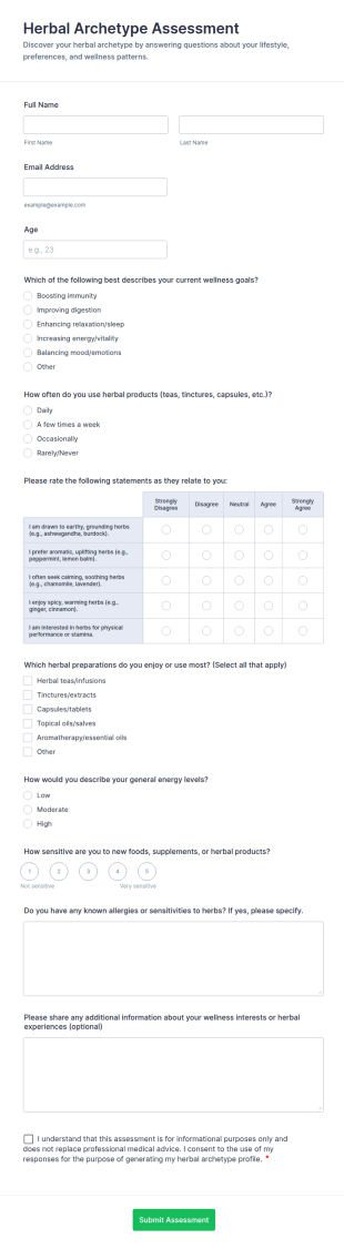 Herbal Archetype Assessment Form Template