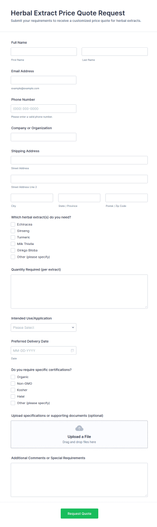 Herbal Extract Price Quote Request Form Template