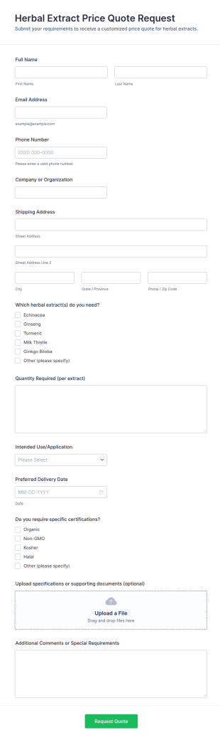 Herbal Extract Price Quote Request Form Template