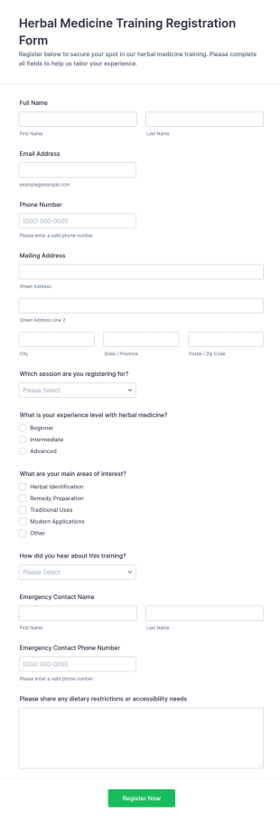 Herbal Medicine Training Registration Form Template