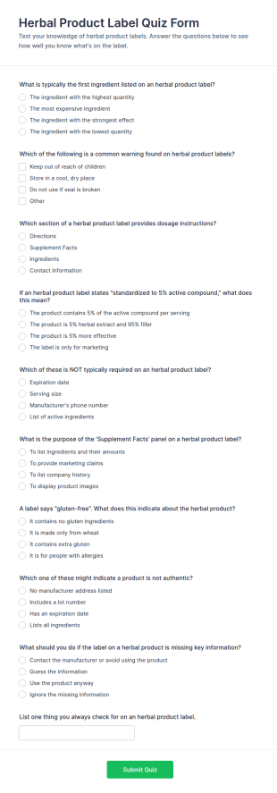 Herbal Product Label Quiz Form Template