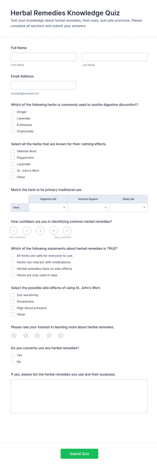 Herbal Remedies Knowledge Quiz Form Template