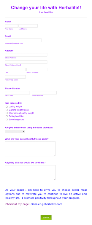 Herbalife Questionnaire Form Template