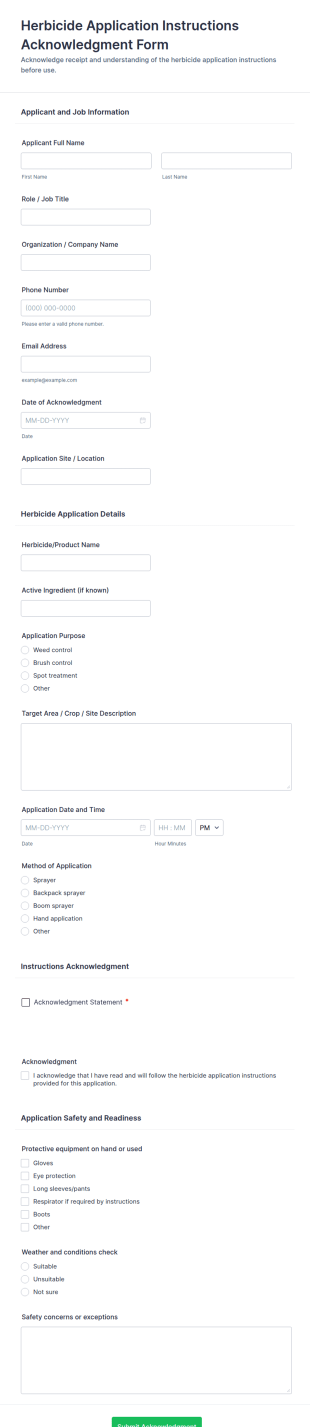 Herbicide Application Instructions Acknowledgment Form Template