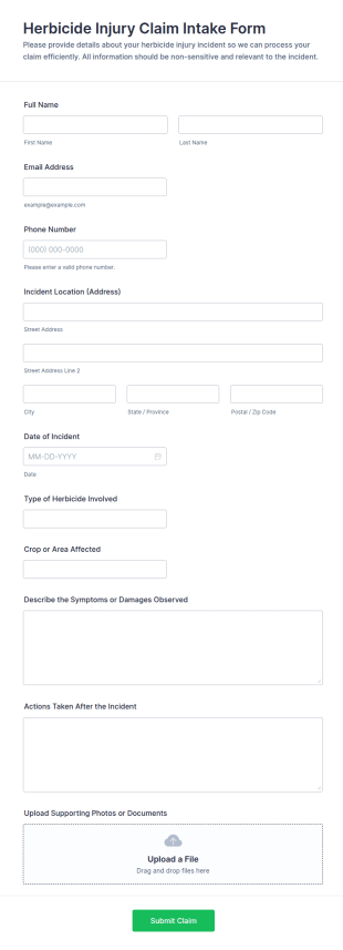 Herbicide Injury Claim Intake Form Template