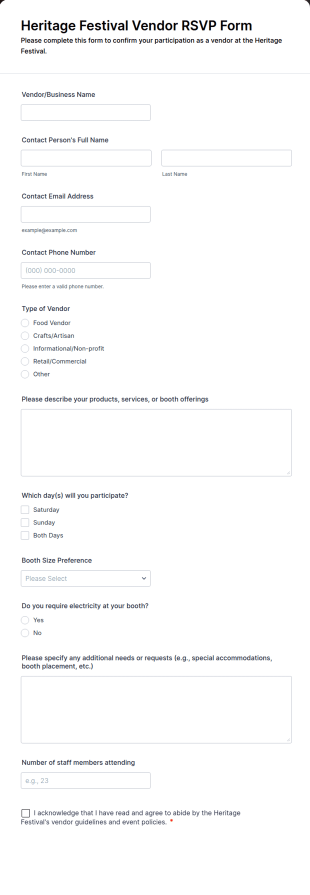 Heritage Festival Vendor RSVP Form Template