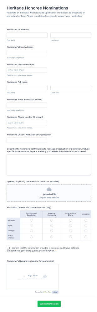 Heritage Honoree Nominations Form Template