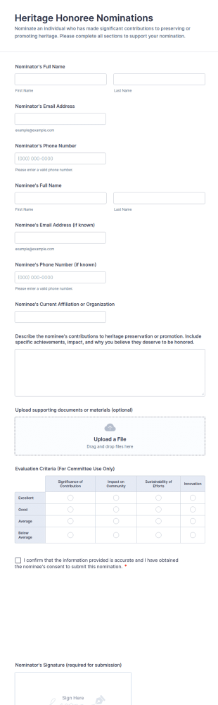 Heritage Honoree Nominations Form Template