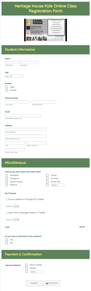 Heritage House Kids Online Class Registration Form Template