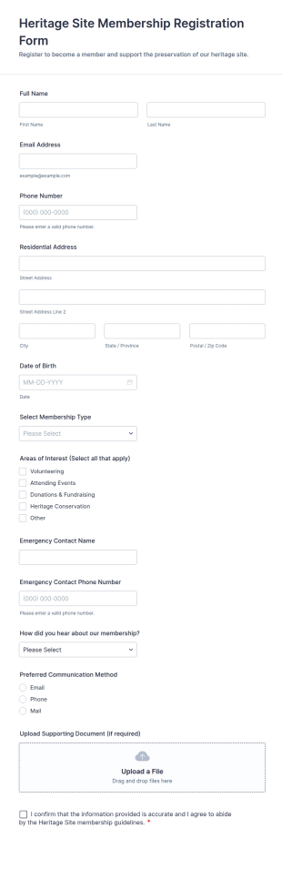 Heritage Site Membership Registration Form Template