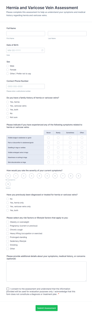 Hernia And Varicose Vein Assessment Form Template